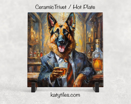 German Shepherd in a Suit Drinking Whiskey Ceramic Tile Trivet/Coaster – 6x6 Handmade Funny Dog Decor, Gift for Dog Lovers, Made in USA