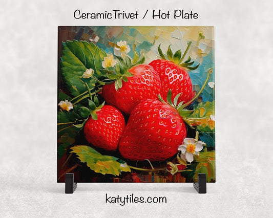 4 Designs! Strawberries Ceramic Tile Trivet/Coaster – 6x6 Handmade Fruit Kitchen Decor, Fresh Summer Gift, Made in USA
