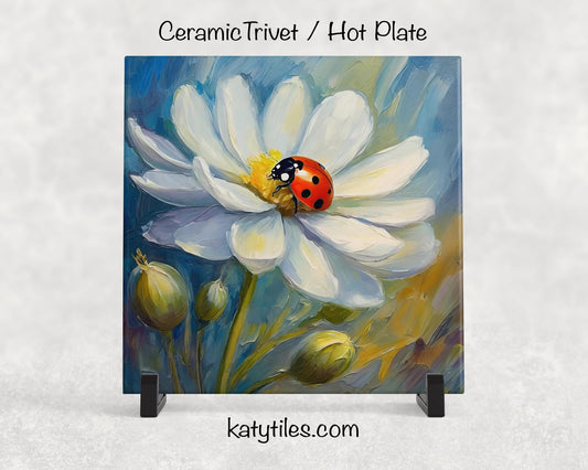 Ladybug on White Flower Ceramic Tile Trivet/Coaster – 6x6 Handmade Floral Kitchen Decor, Garden Lover Gift, Made in USA