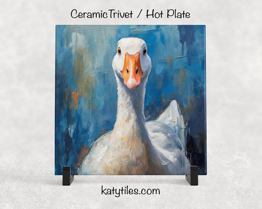 White Goose Ceramic Tile Trivet/Coaster – 6x6 Handmade Nature Kitchen Decor, Waterfowl Lover Gift, Made in USA