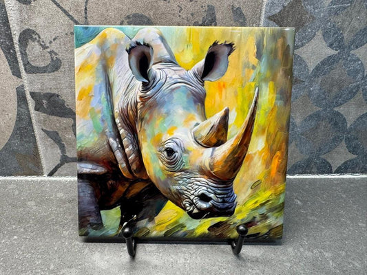 Rhinoceros Ceramic Tile Trivet/Coaster – 6x6 Handmade Wildlife Kitchen Decor, Safari Animal Gift, Made in USA