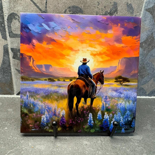 Cowboy on Horse with Bluebonnets & Sunset Ceramic Tile Trivet/Coaster – 6x6 Handmade Western Kitchen Decor, Made in USA