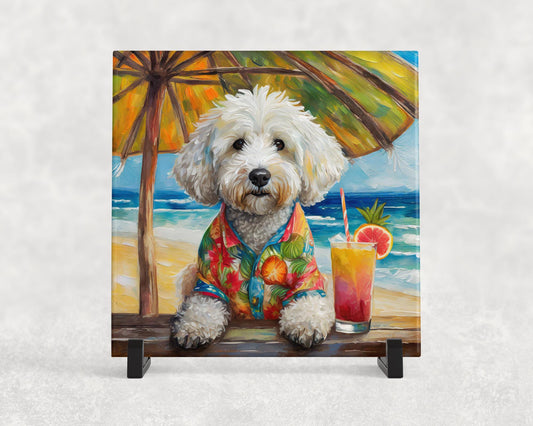 White Doodle Drinking a Cocktail on the Beach Ceramic Tile Trivet/Coaster – 6x6 Handmade Tropical Dog Decor, Made in USA