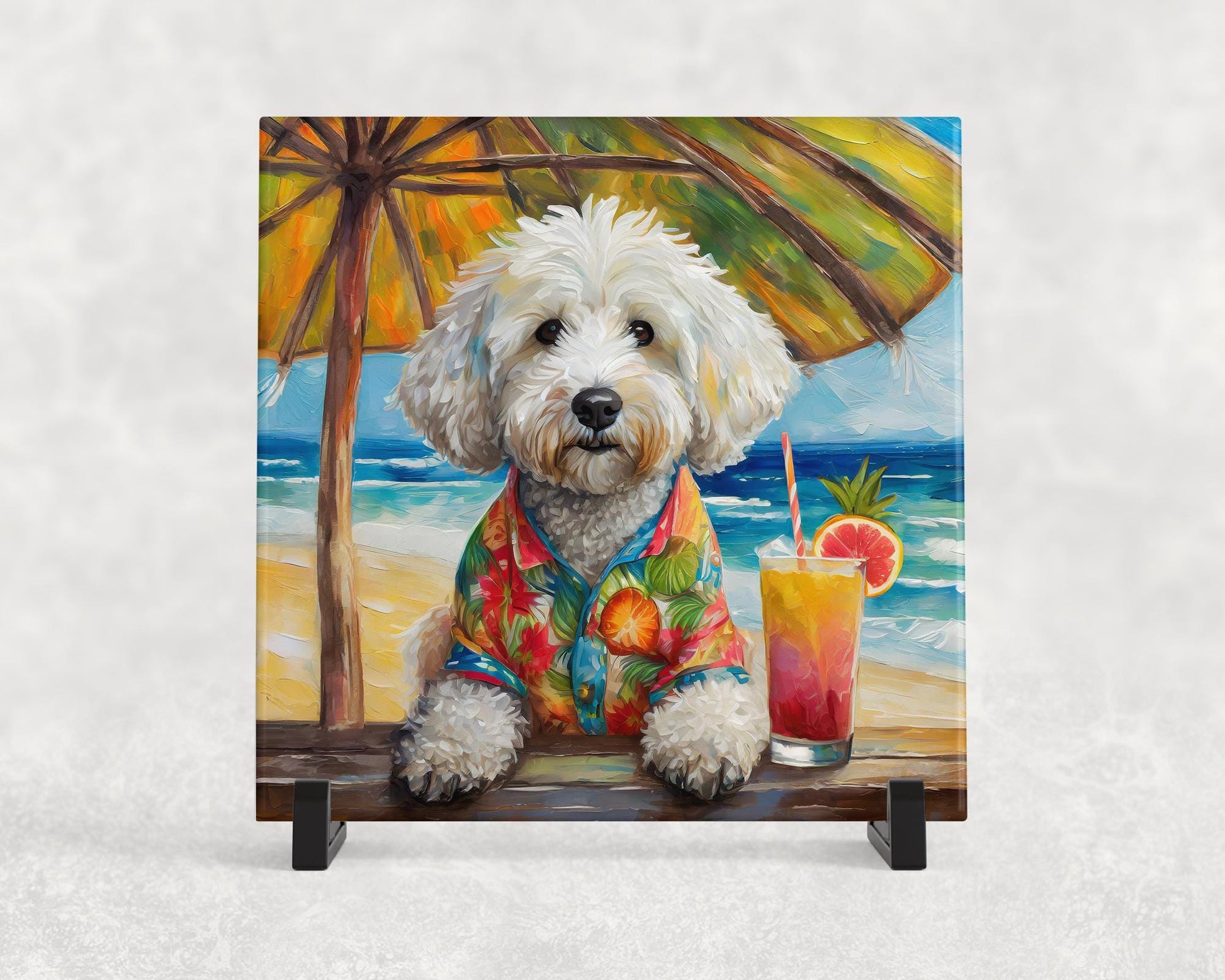 White Doodle Drinking a Cocktail on the Beach Ceramic Tile Trivet/Coaster – 6x6 Handmade Tropical Dog Decor, Made in USA