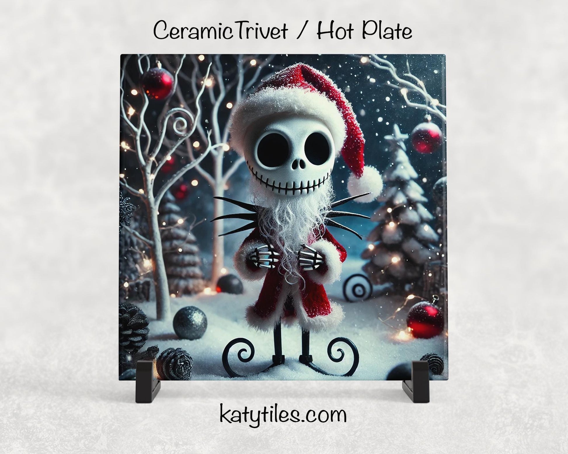 Skeleton Santa Christmas Ceramic Tile Trivet/Coaster – 6x6 Handmade Spooky Holiday Kitchen Decor, Goth Christmas Gift, Made in USA