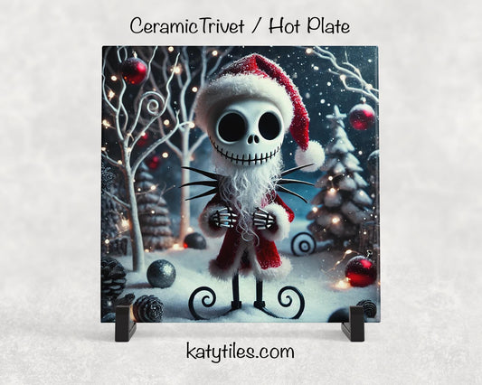 Skeleton Santa Christmas Ceramic Tile Trivet/Coaster – 6x6 Handmade Spooky Holiday Kitchen Decor, Goth Christmas Gift, Made in USA