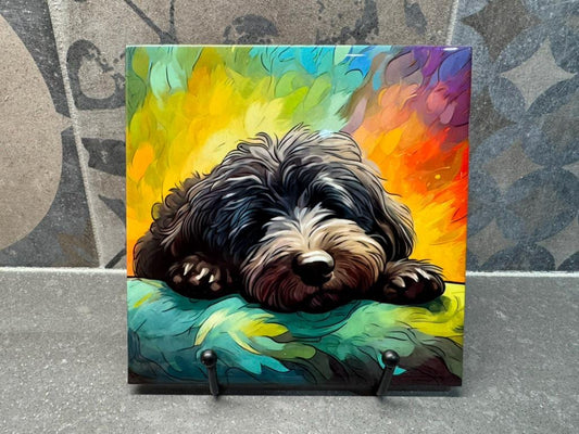 Black Doodle Sleeping Ceramic Tile Trivet/Coaster – 6x6 Handmade Dog Decor, Cozy Bedtime Art, Made in USA