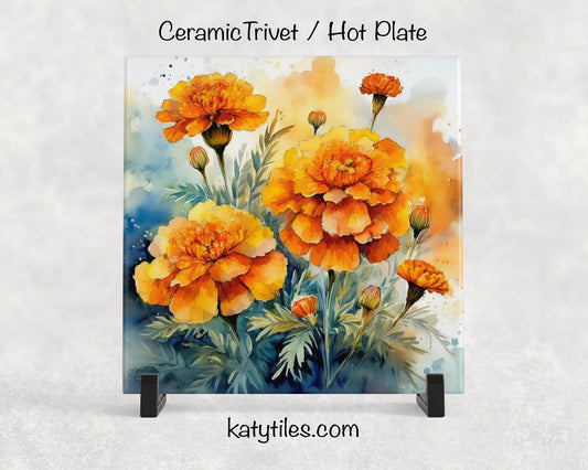 3 Designs! Marigolds Ceramic Tile Trivet/Coaster – 6x6 Handmade Floral Kitchen Decor, Vibrant Botanical Gift, Made in USA