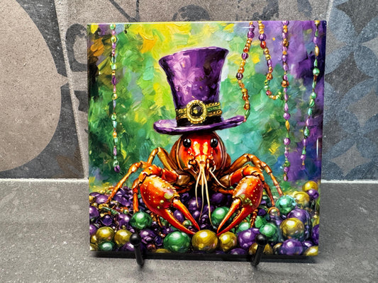 Mardi Craw Crawfish in Costume Ceramic Tile Trivet/Coaster – 6x6 Handmade Mardi Gras Kitchen Decor, Made in USA
