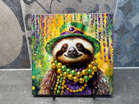 Mardi Gras Sloth Ceramic Tile Trivet/Coaster – 6x6 Handmade Carnival Kitchen Decor, Festive Gift, Made in USA