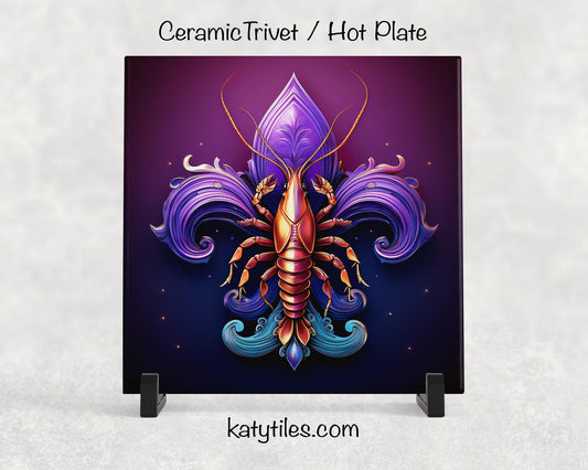 Fleur-de-Lis with Crawfish Ceramic Tile Trivet/Coaster – 6x6 Handmade Mardi Gras Kitchen Decor, Cajun Gift, Made in USA