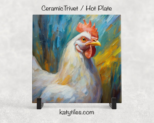 5 Designs! Chicken Ceramic Tile Trivet/Coaster – 6x6 Handmade Farmhouse Kitchen Decor White & Brown Chickens, Made in USA