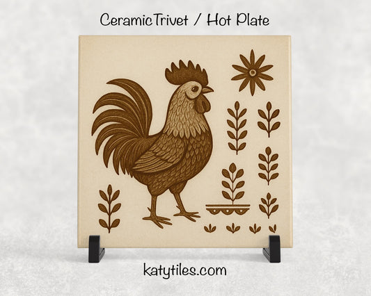 Antique Farmhouse Chicken Ceramic Tile Trivet/Coaster – 6x6 Handmade Rustic Kitchen Decor, Vintage Country Gift, Made in USA