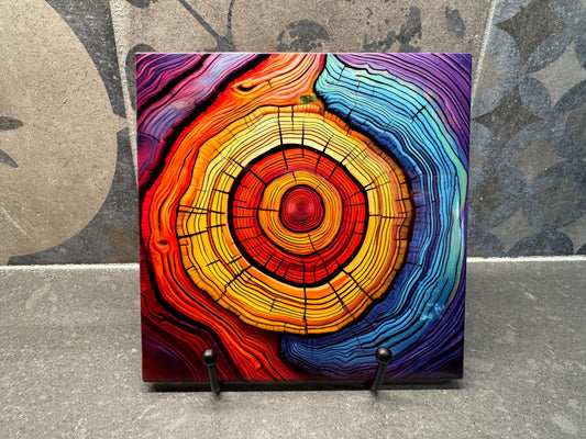 Colorful Live Edge Wood Ceramic Tile Trivet/Coaster – 6x6 Handmade Rustic Kitchen Decor, Organic Woodgrain Art, Made in USA