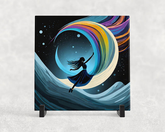 Rainbow Fantasy Girl on the Moon Ceramic Tile Trivet/Coaster – 6x6 Handmade Enchanted Kitchen Decor, Made in USA
