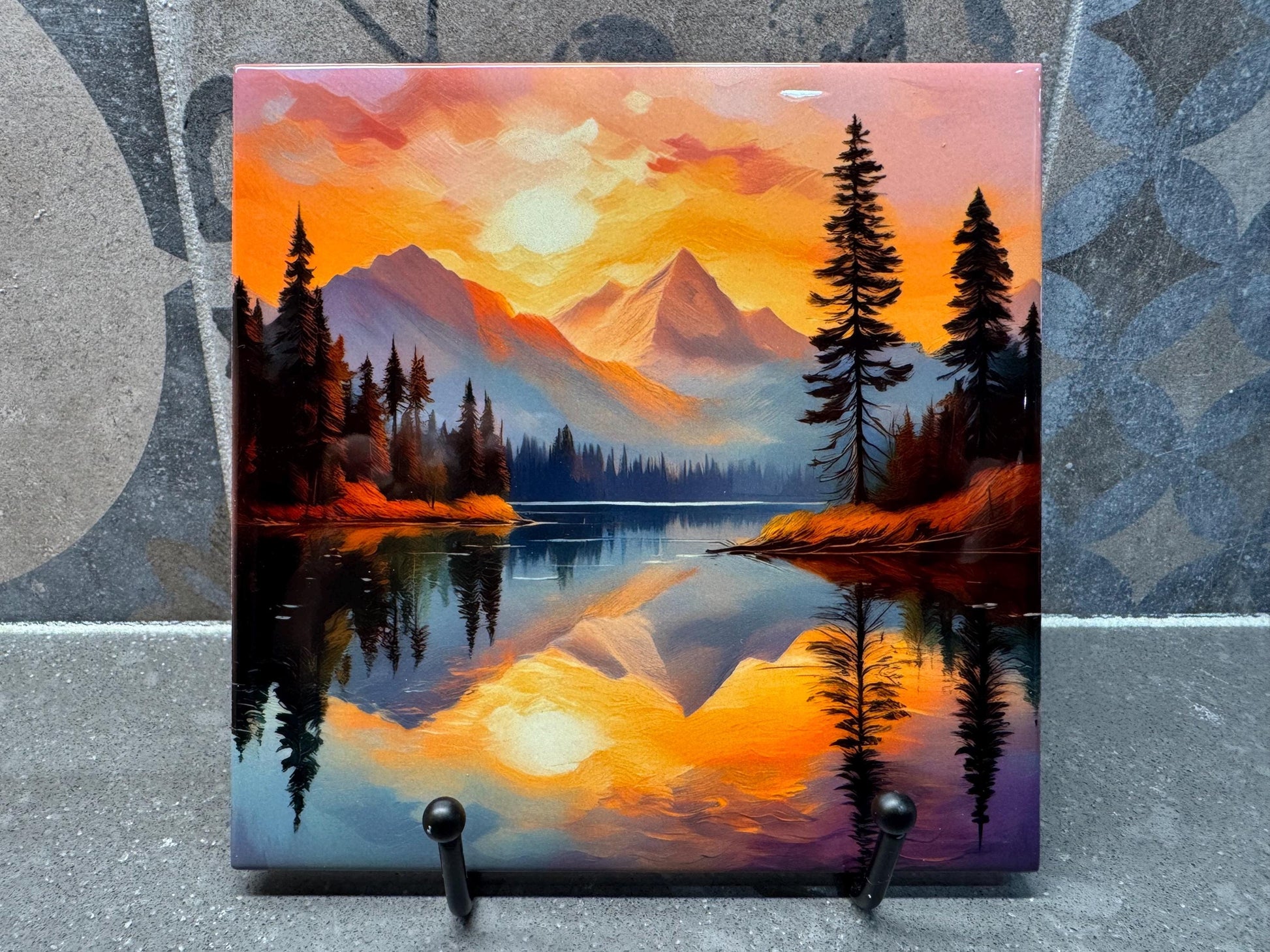 Reflective Mountain Landscape Ceramic Tile Trivet/Coaster – 6x6 Handmade Water & Sunset Colors (Yellow, Pink, Purple, Blue), Made in USA