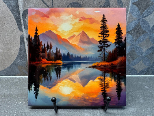 Reflective Mountain Landscape Ceramic Tile Trivet/Coaster – 6x6 Handmade Water & Sunset Colors (Yellow, Pink, Purple, Blue), Made in USA