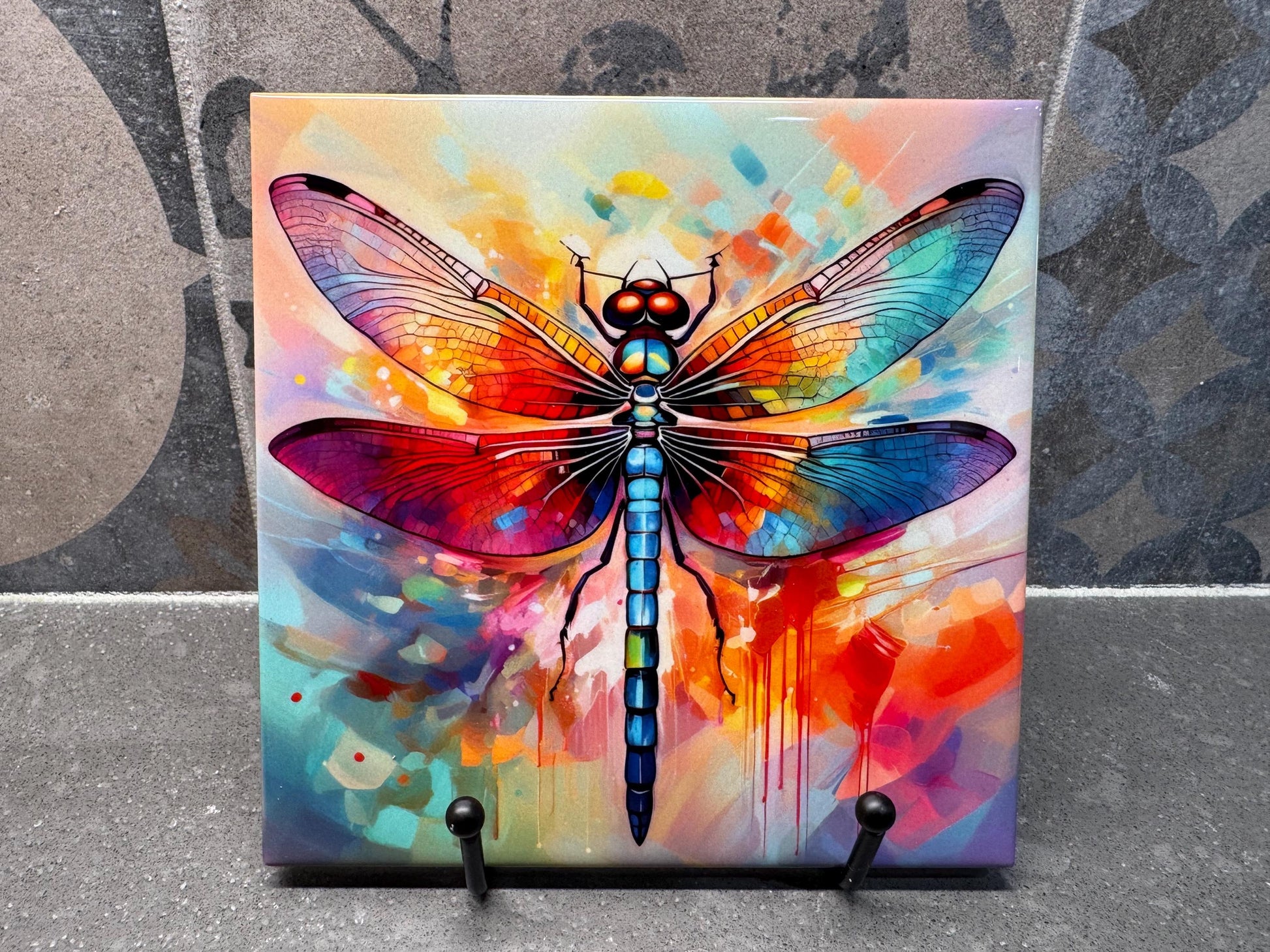 Rainbow Dragonfly Ceramic Tile Trivet/Coaster – 6x6 Handmade Colorful Insect Art Kitchen Decor, Made in USA