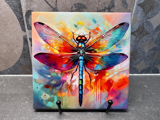 Rainbow Dragonfly Ceramic Tile Trivet/Coaster – 6x6 Handmade Colorful Insect Art Kitchen Decor, Made in USA