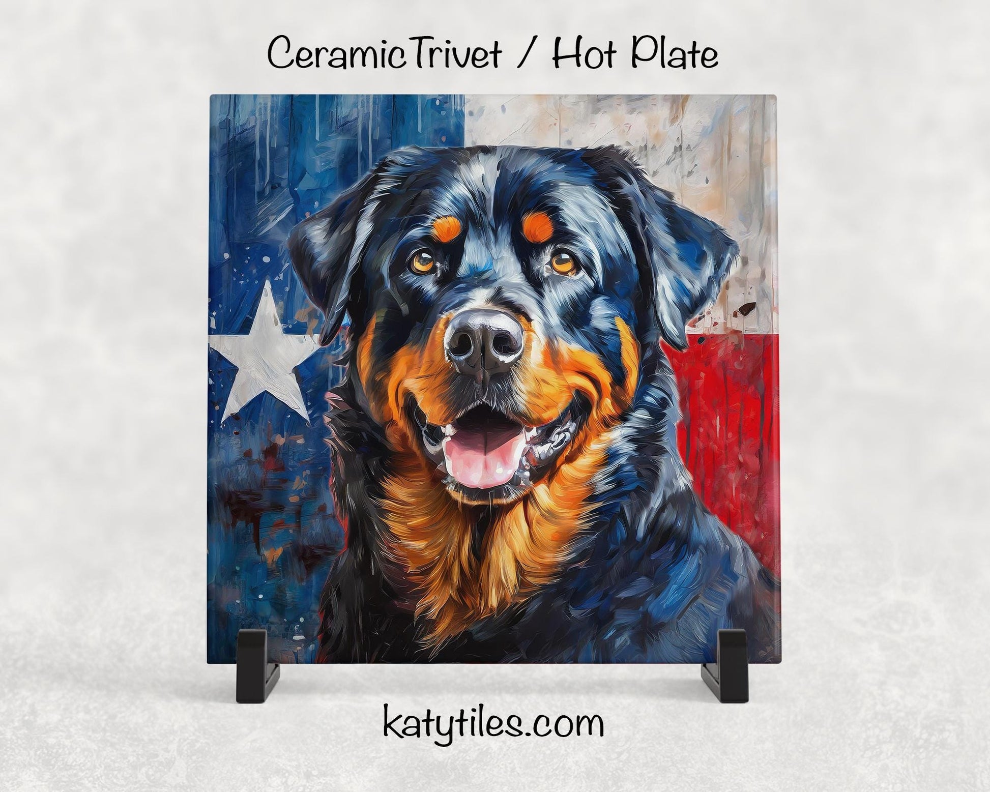 Rottweiler with Texas Flag Ceramic Tile Trivet/Coaster– 6x6 Handmade Texas Dog Decor, Gift for Rottweiler Lovers, Made in Texas