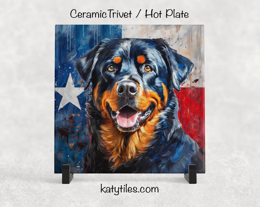 Rottweiler with Texas Flag Ceramic Tile Trivet/Coaster– 6x6 Handmade Texas Dog Decor, Gift for Rottweiler Lovers, Made in Texas