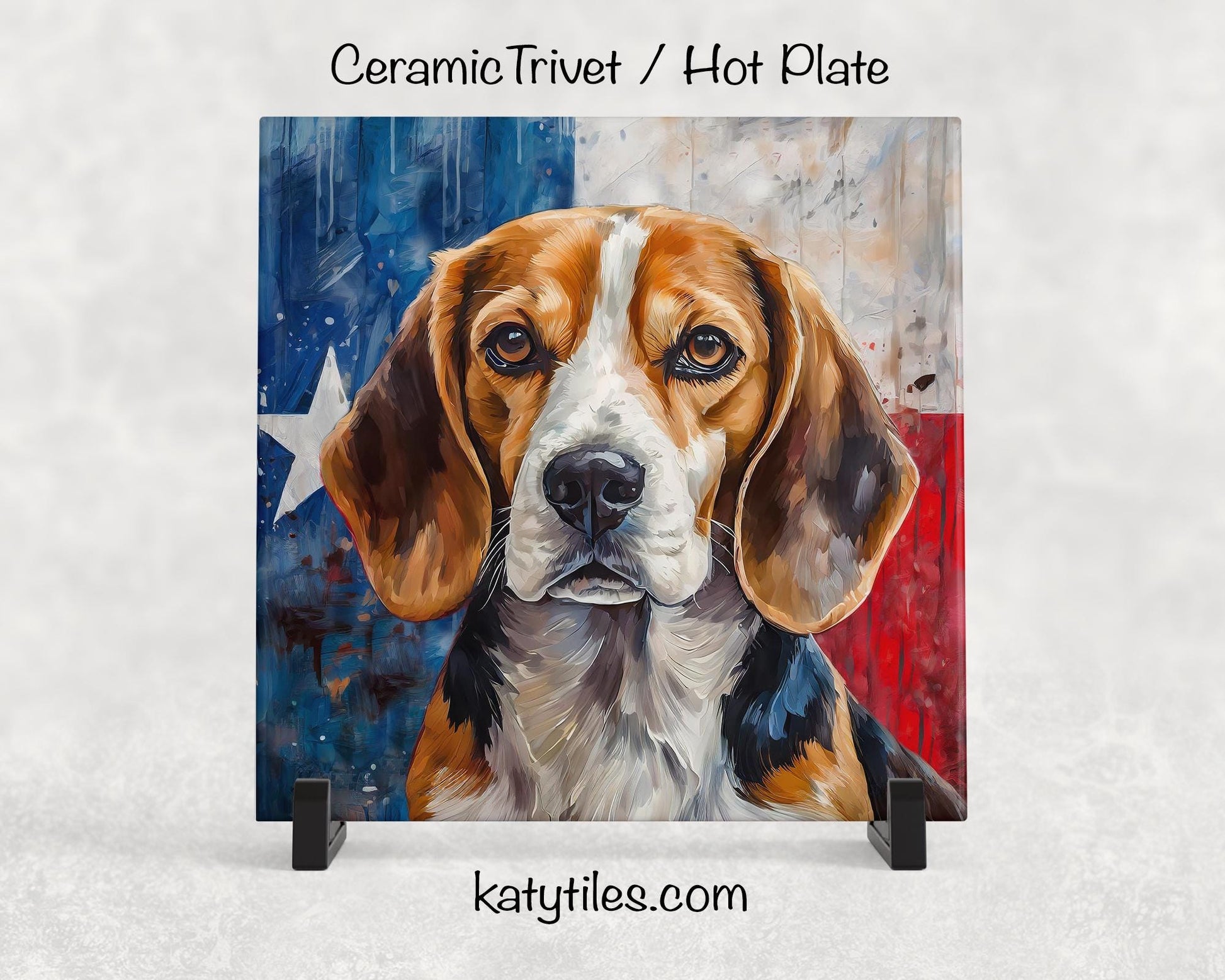 Beagle with Texas Flag Ceramic Tile Trivet/Coaster– 6x6 Handmade Texas Dog Decor, Gift for Beagle Lovers, Made in Texas