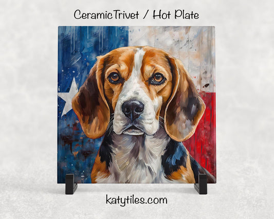 Beagle with Texas Flag Ceramic Tile Trivet/Coaster– 6x6 Handmade Texas Dog Decor, Gift for Beagle Lovers, Made in Texas