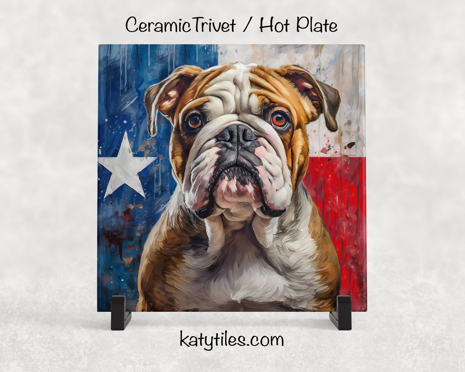 English Bull Dog with Texas Flag Ceramic Tile Trivet/Coaster– 6x6 Handmade Texas Dog Decor, Gift for Bull Dog Lovers, Made in Texas