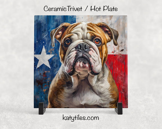 English Bull Dog with Texas Flag Ceramic Tile Trivet/Coaster– 6x6 Handmade Texas Dog Decor, Gift for Bull Dog Lovers, Made in Texas