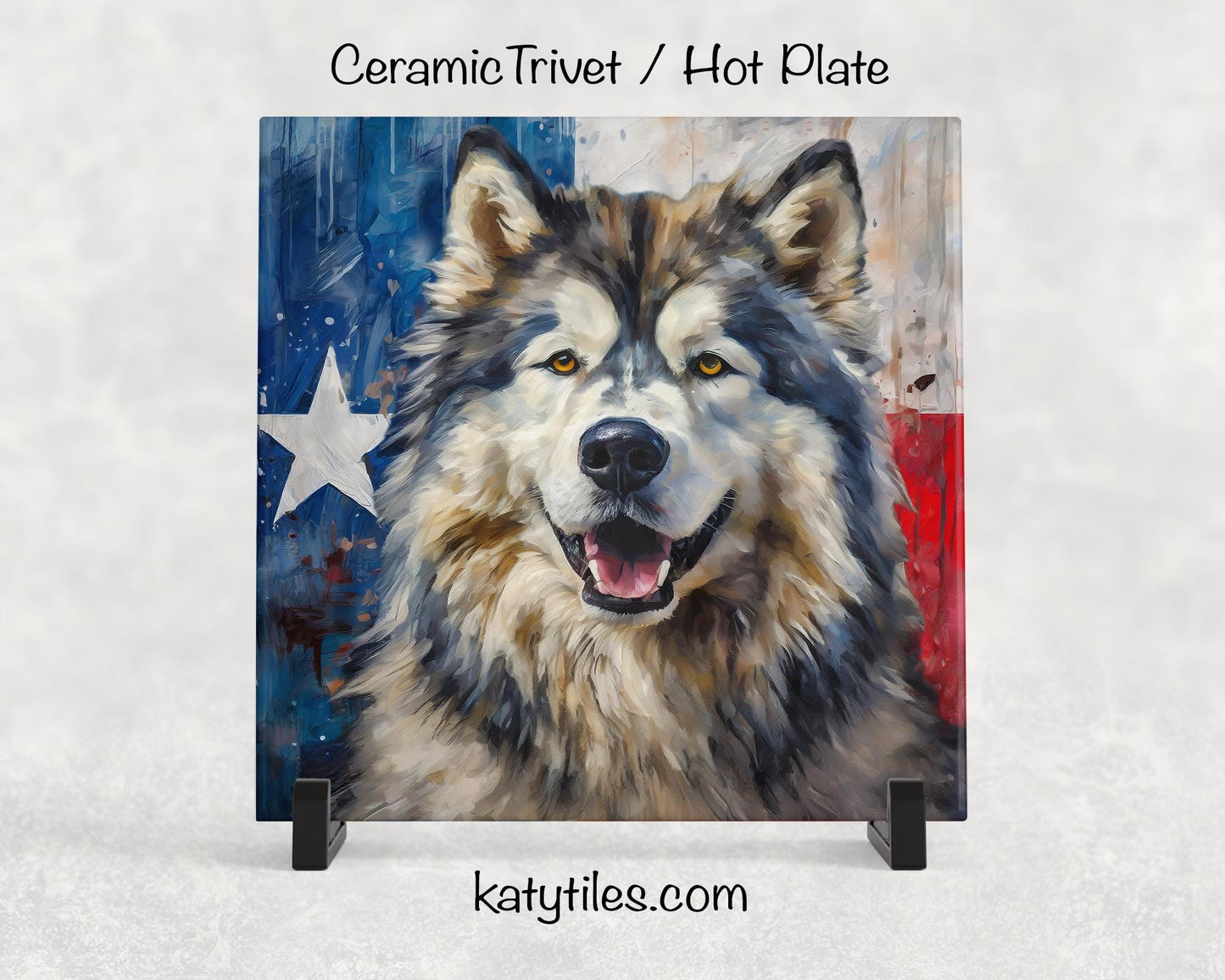 Alaskan Malamute with Texas Flag Ceramic Tile Trivet/Coaster– 6x6 Handmade Texas Dog Decor, Gift for Malamute Lovers, Made in Texas