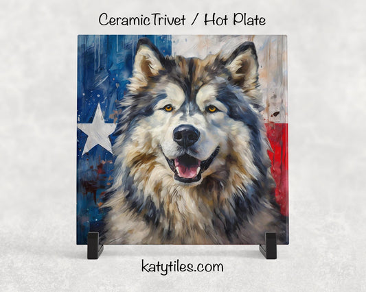 Alaskan Malamute with Texas Flag Ceramic Tile Trivet/Coaster– 6x6 Handmade Texas Dog Decor, Gift for Malamute Lovers, Made in Texas