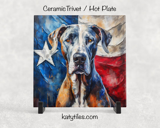 Two Fur Colors! Great Dane with Texas Flag Ceramic Tile Trivet/Coaster– 6x6 Handmade Texas Dog Decor, Gift for Great Dane Lovers, Made in US