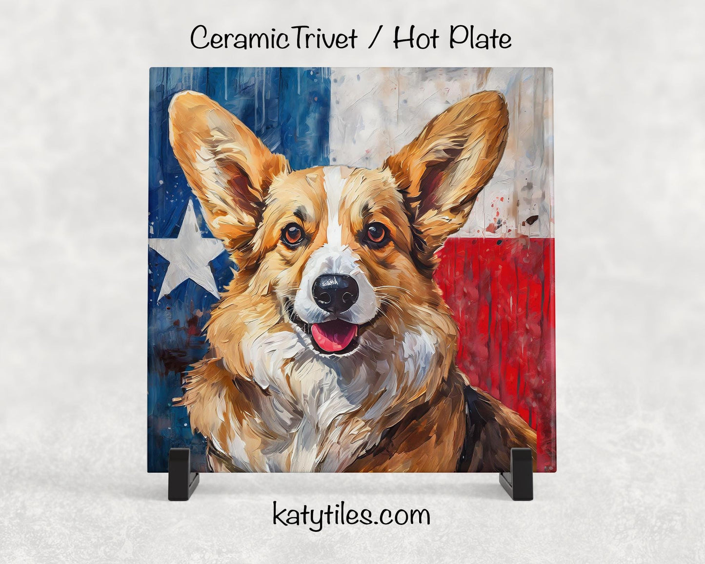 Two Fur Colors! Corgi with Texas Flag Ceramic Tile Trivet/Coaster– 6x6 Handmade Texas Dog Decor, Gift for Corgi Lovers, Made in USA
