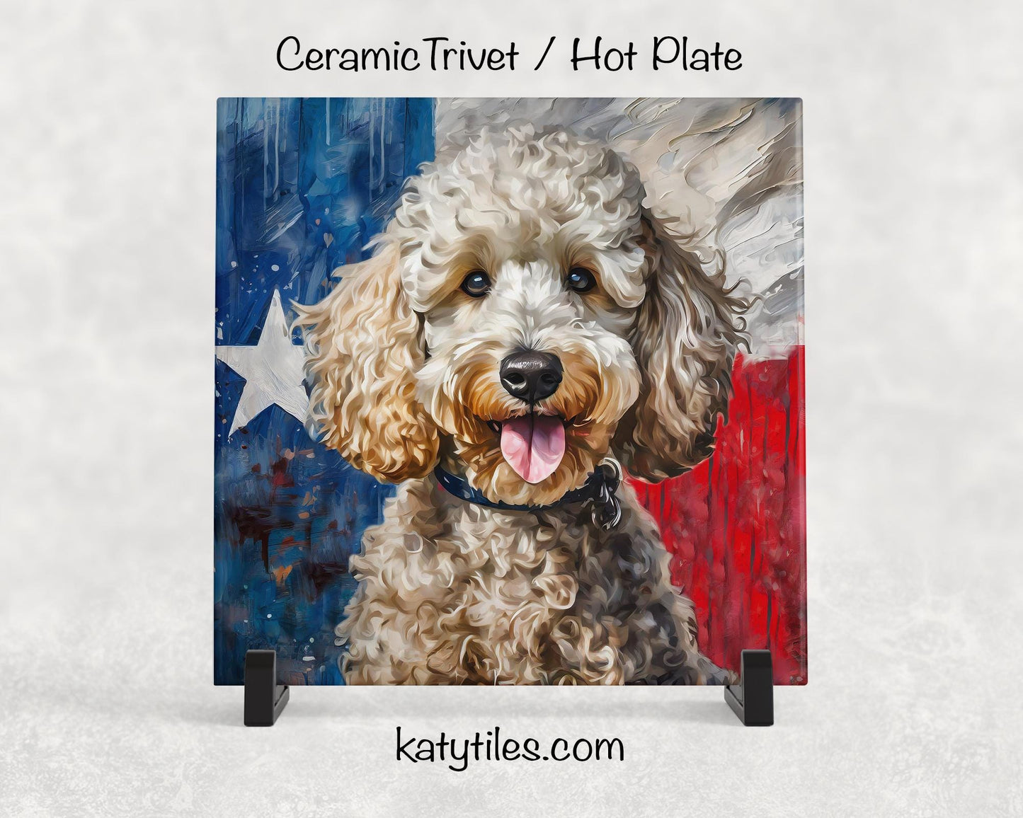 Four Fur Colors! Doodle with Texas Flag Ceramic Tile Trivet/Coaster– 6x6 Handmade Texas Dog Decor, Gift for Doddle Lovers, Made in Texas