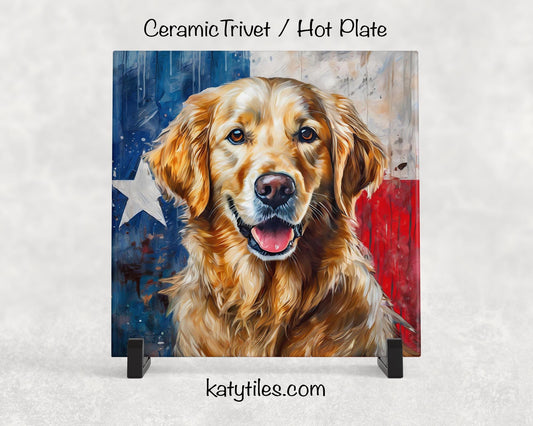 Two Designs! Golden Retriever with Texas Flag Ceramic Tile Trivet/Coaster– 6x6 Handmade Texas Dog Decor, Gift for Golden Retriever Lovers, M