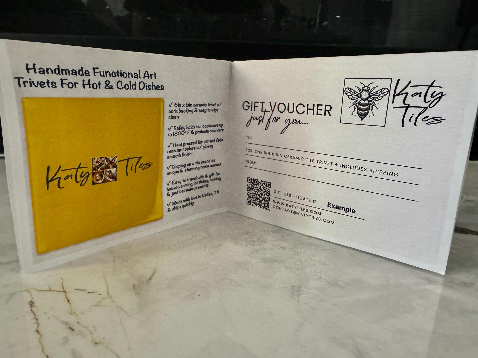 Katy Tiles Gift Certificate – One 6x6 Handmade Ceramic Tile Trivet + USA Shipping – Digital & Printable Gift Card