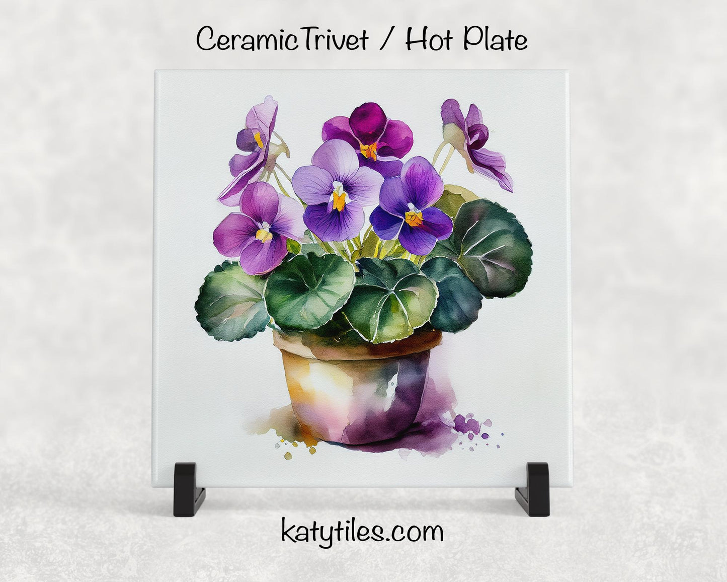Watercolor African Violets Ceramic Tile Trivet/Coaster – 6x6 Handmade Floral Kitchen Decor, Mother’s Day Gift, Made in USA