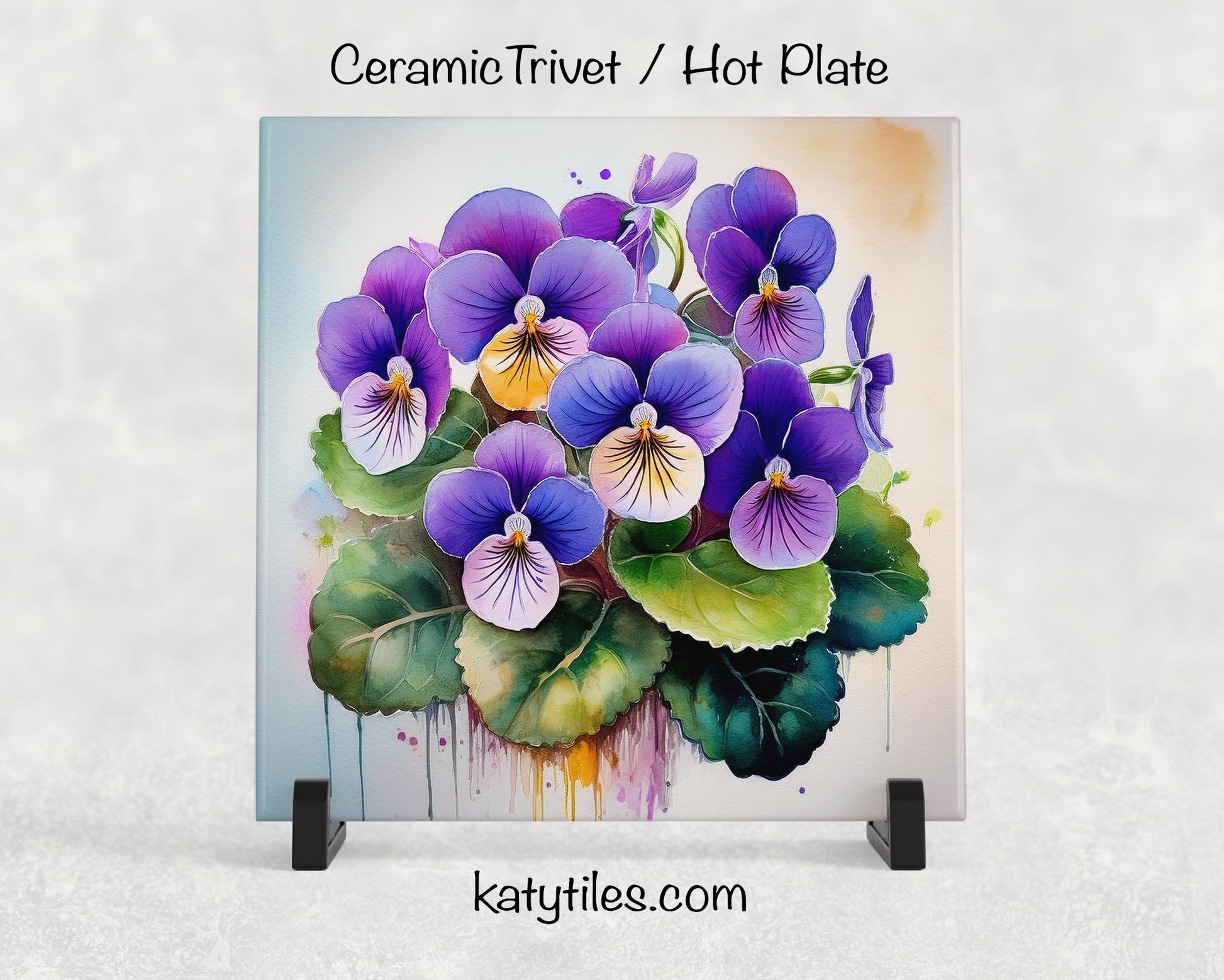 Watercolor African Violets Ceramic Tile Trivet/Coaster – 6x6 Handmade Floral Kitchen Decor, Mother’s Day Gift, Made in USA