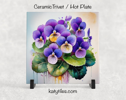 Watercolor African Violets Ceramic Tile Trivet/Coaster – 6x6 Handmade Floral Kitchen Decor, Mother’s Day Gift, Made in USA