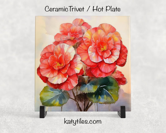 3 Designs! Begonia Flowers Ceramic Tile Trivet/Coaster – 6x6 Handmade Floral Kitchen Decor, Vibrant Botanical Gift, Made in USA