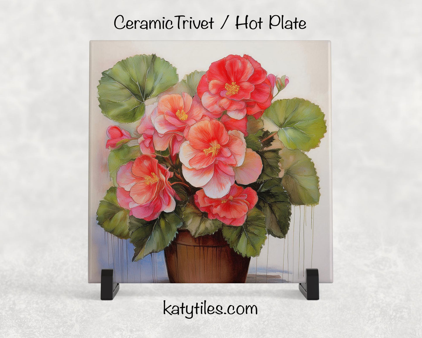 3 Designs! Begonia Flowers Ceramic Tile Trivet/Coaster – 6x6 Handmade Floral Kitchen Decor, Vibrant Botanical Gift, Made in USA