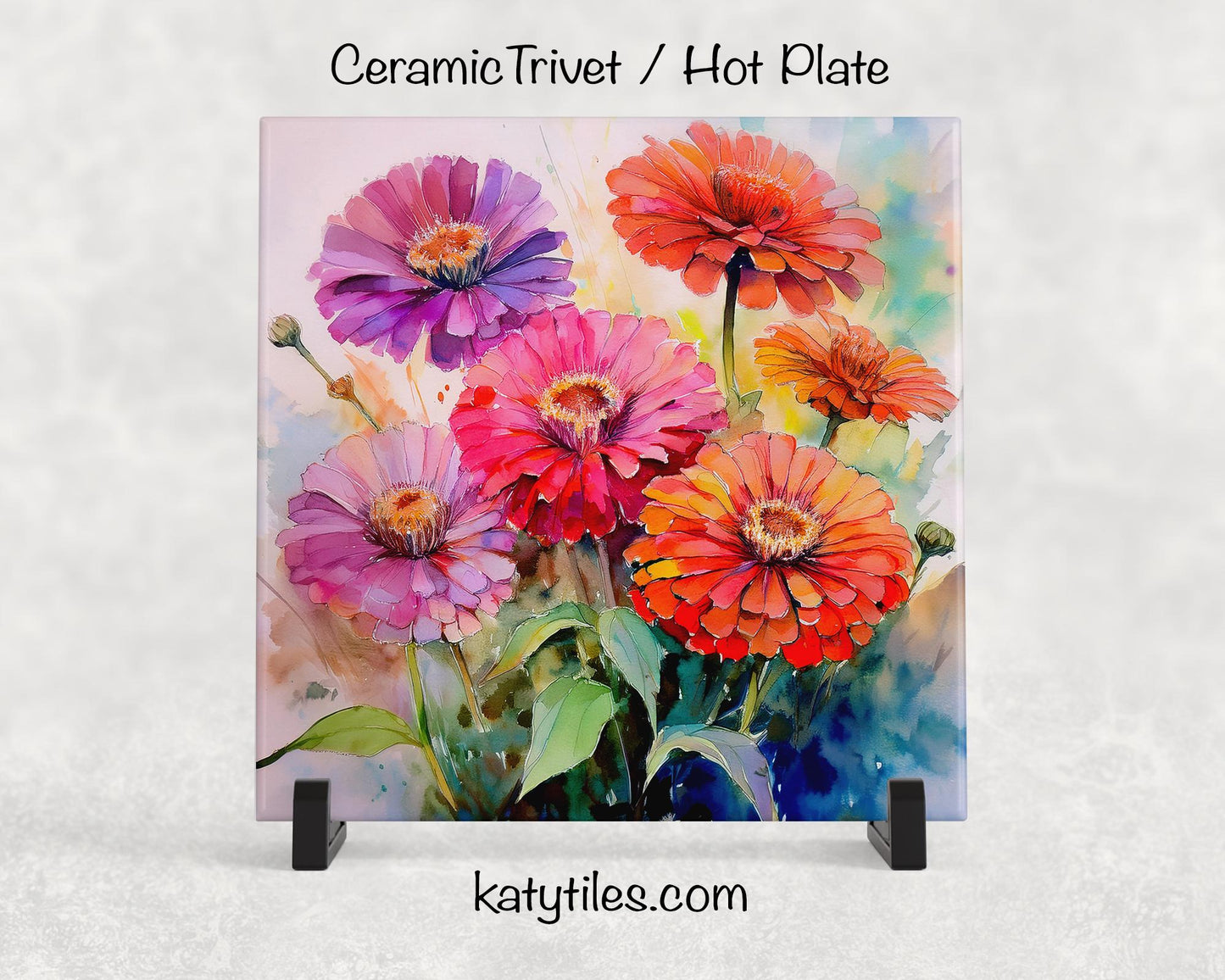 Zinnias Ceramic Tile Trivet/Coaster – 6x6 Handmade Floral Kitchen Decor, Bright Botanical Gift, Made in USA