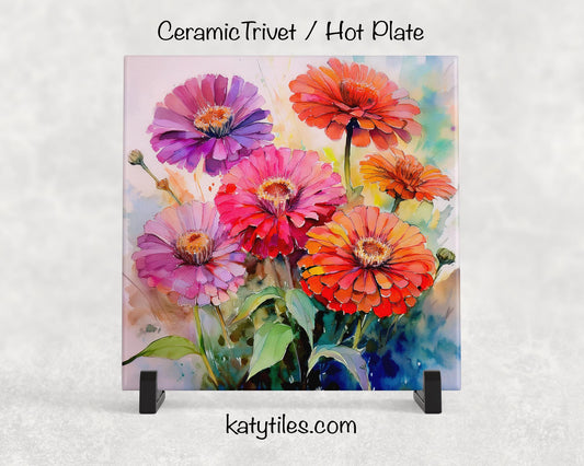 Zinnias Ceramic Tile Trivet/Coaster – 6x6 Handmade Floral Kitchen Decor, Bright Botanical Gift, Made in USA