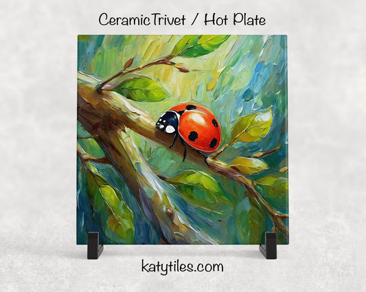 Ladybug on Tree Ceramic Tile Trivet/Coaster – 6x6 Handmade Nature Kitchen Decor, Garden Lover Gift, Made in USA