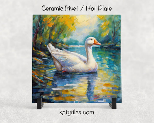White Goose in a Pond Ceramic Tile Trivet/Coaster – 6x6 Handmade Nature Kitchen Decor, Waterfowl Lover Gift, Made in USA