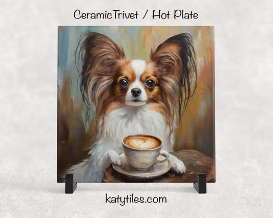 Papillon Drinking Coffee Ceramic Tile Trivet For Hot Dishes/Coaster – 6x6 Handmade Kitchen Decor, Gift for Papillon Lovers, Made in USA