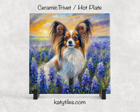Papillon in Bluebonnets Ceramic Tile Trivet For Hot Dishes/Coaster – 6x6 Handmade Kitchen Decor, Gift for Dog Lovers, Made in USA