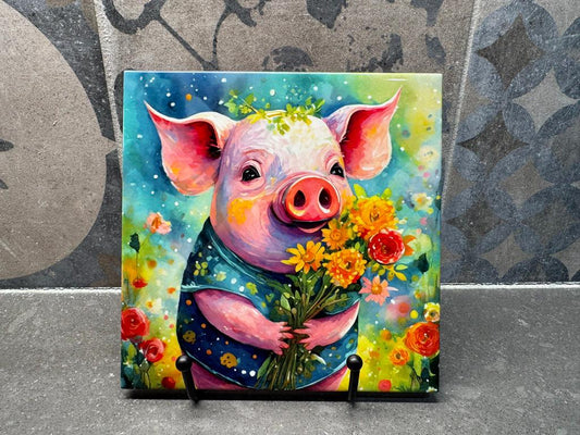 Pig with Flowers Ceramic Tile Trivet/Coaster – 6x6 Handmade Farmhouse Kitchen Decor, Country Gift, Made in USA
