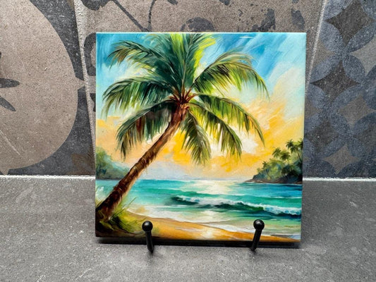 Palm Tree Ceramic Tile Trivet/Coaster – 6x6 Handmade Tropical Kitchen Decor, Coastal Gift, Made in USA