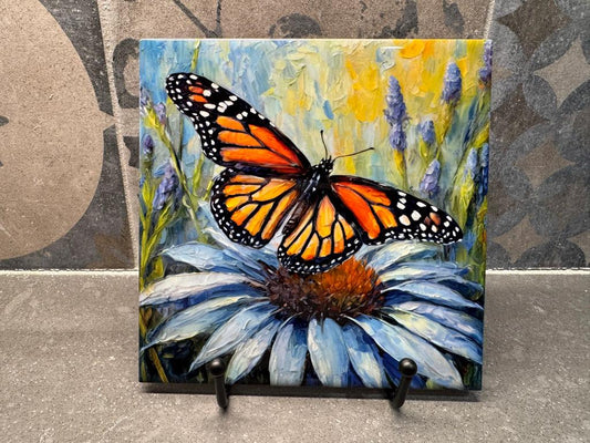 Monarch Butterfly on Blue Flower Ceramic Tile Trivet/Coaster – 6x6 Handmade Floral Kitchen Decor, Garden Lover Gift, Made in USA